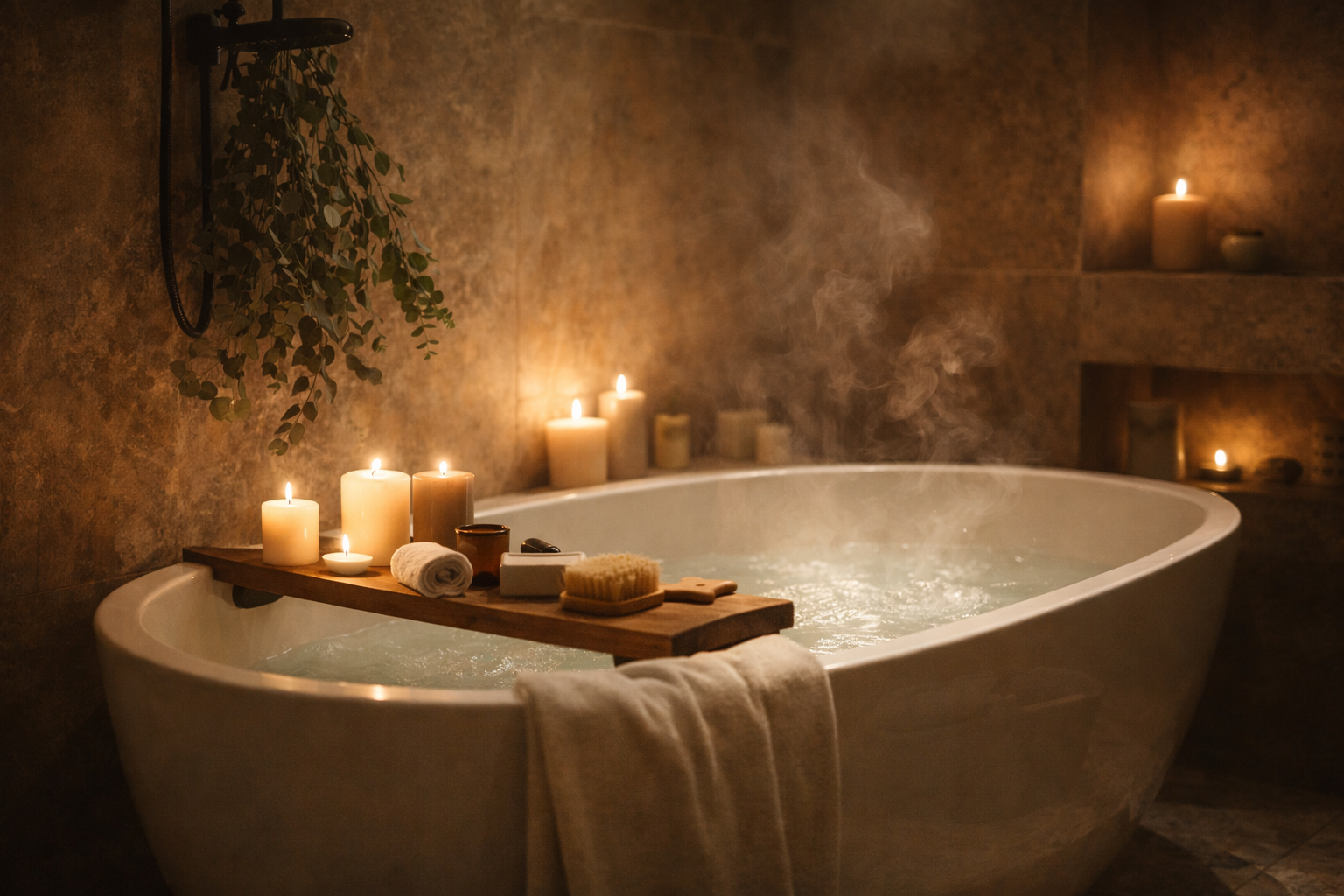 Warm spa treatment room atmosphere with soft light and calm textures