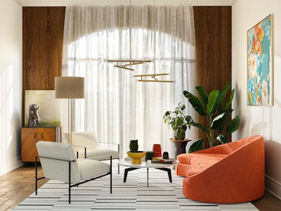 Refined office reception lounge with plants and warm natural light